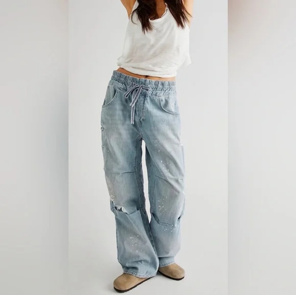 Free People We the Free Distressed Paint Splatter Wide-leg Jeans Size XLarge